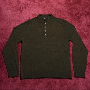 Theory Regal Wool Blend Hunter Green Polo Long Sleeve Shirt